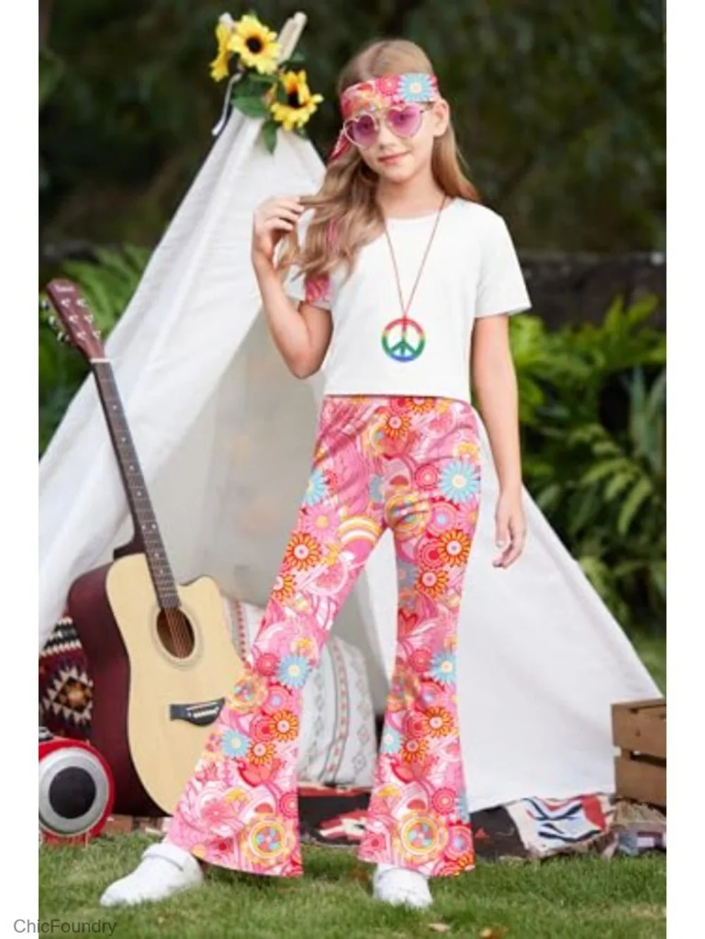 Girls Halloween Hippie Floral Pants Set 4-14Y High Waist Flared High Stretch